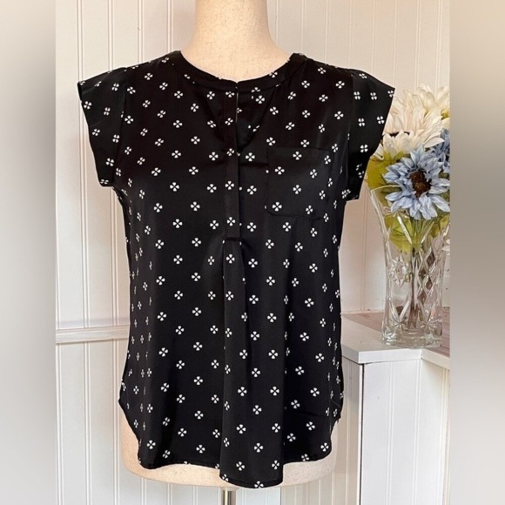 Liz Claiborne Black Blouse with White Heart Print SP